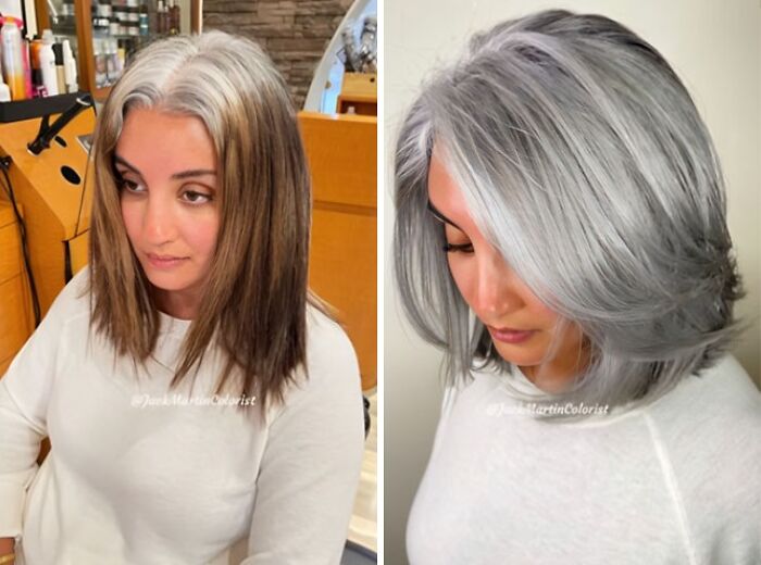 Before and after gray hair transformation by celebrity hair colorist Jack Martin showcasing stylish silver tones and layered cut.