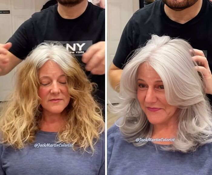 Before and after gray hair transformation by celebrity hair colorist Jack Martin, showcasing a stunning silver hairstyle.
