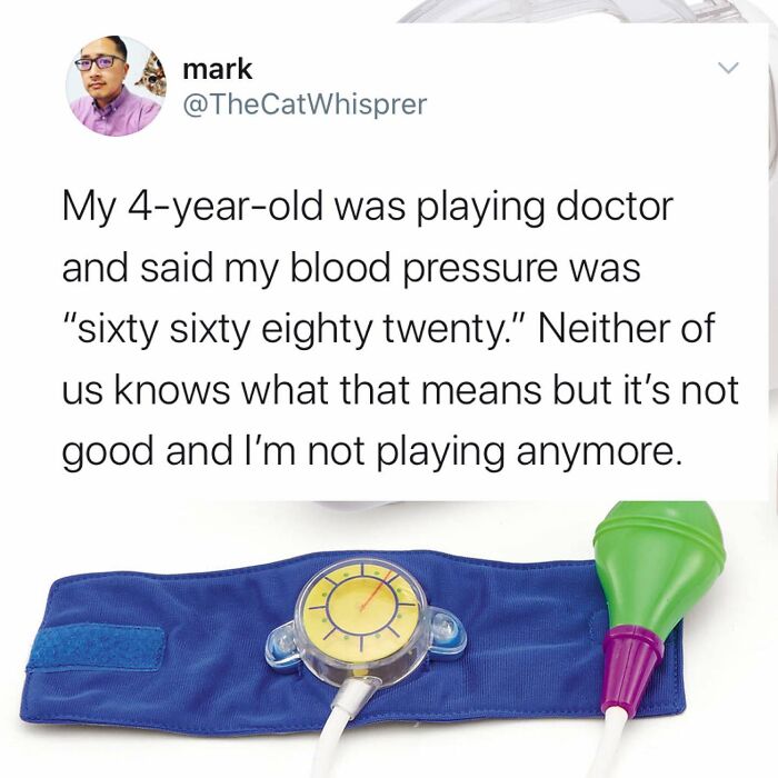 Tweet about a parent’s funny experience with their child misreading blood pressure, showcasing relatable parenting humor.