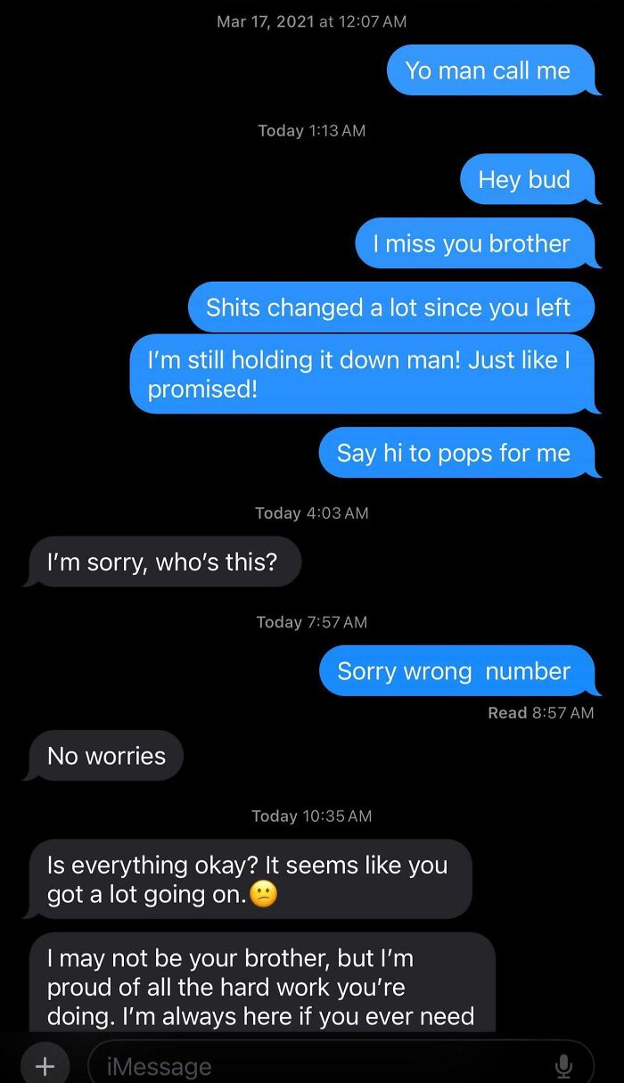 Text message exchange showing kindness between strangers restoring faith in humanity with supportive and caring replies.