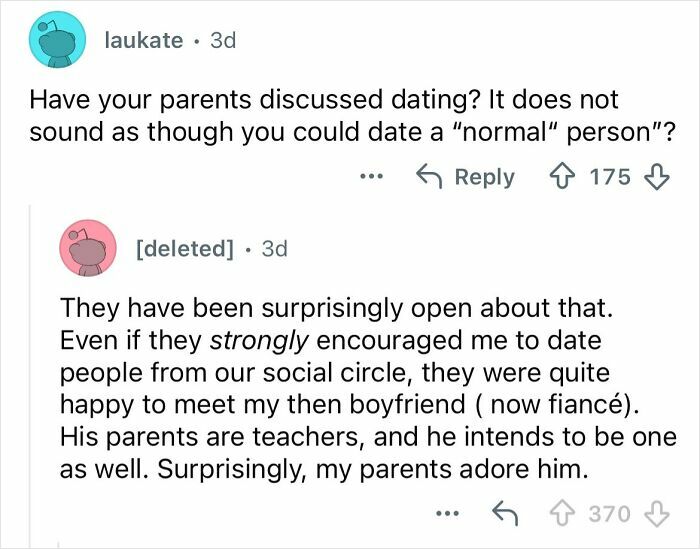 Screenshot of a Q&A discussing dating and relationships while growing up ultra-privileged and isolated in a wealthy family.