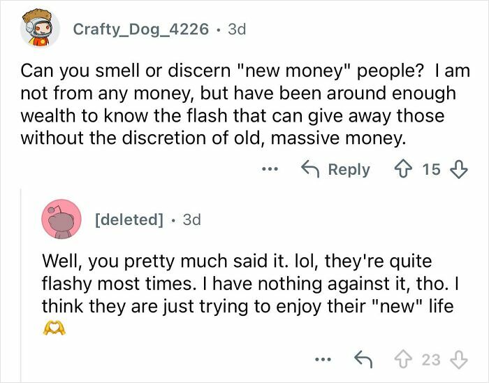 Reddit user discusses discerning new money from old wealth, reflecting on experiences growing up ultra-privileged and isolated.
