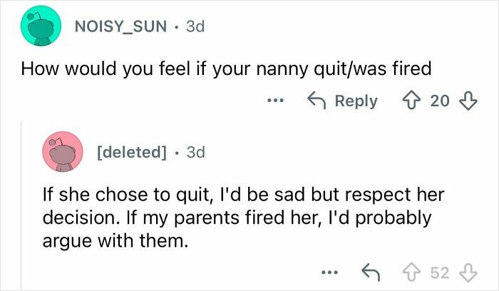 Screenshot of a conversation about a nanny quitting or being fired from an ultra-privileged wealthy family background AMA.