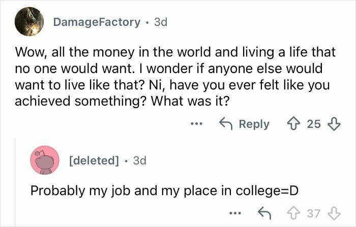 Screenshot of an online discussion about growing up ultra-privileged and isolated in a wealthy family.