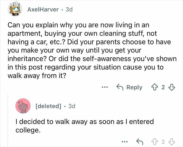 Screenshot of a discussion about growing up ultra-privileged and choosing to walk away during college.