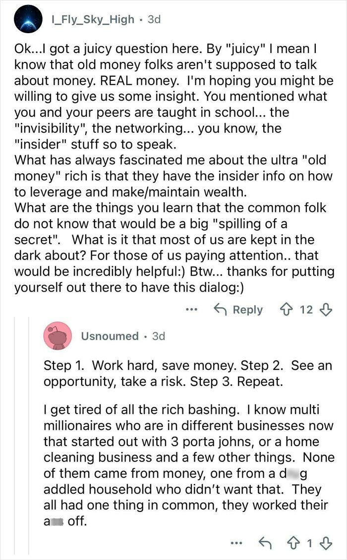 Screenshot of an online discussion about insider knowledge of ultra-privileged wealthy family wealth and secrets.