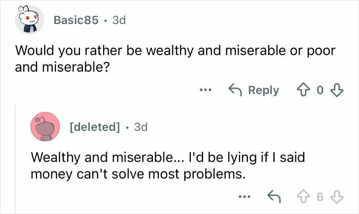 Reddit user asks about being wealthy and miserable or poor and miserable, discussing wealth in an ultra-privileged family context.