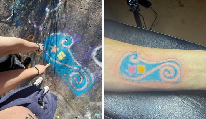Side-by-side image showing a colorful design graffiti and a matching tattoo on a forearm from the 91 tattoos collection.