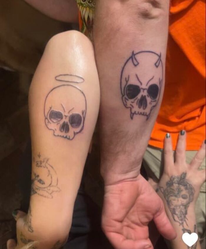 Matching skull tattoos on two arms showing unique tattoo designs people allowed on their bodies for life