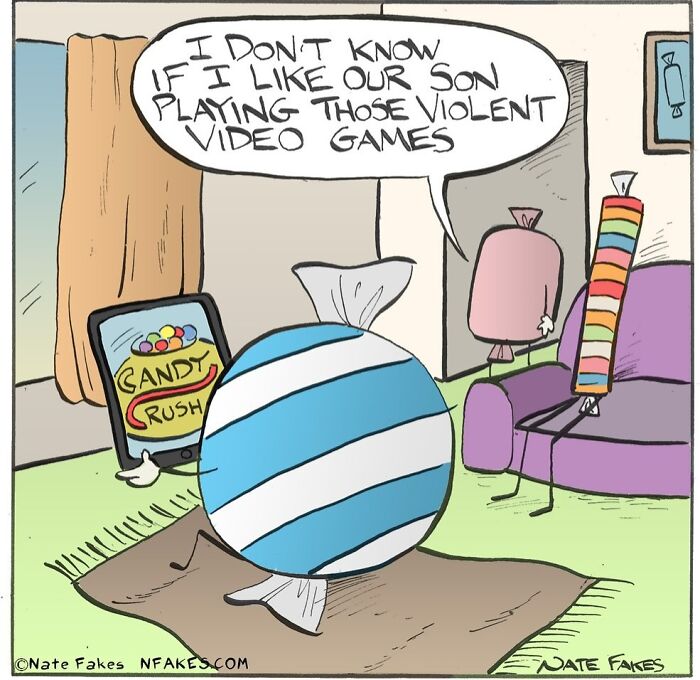 Candy characters playing violent video games in a witty comic by Nate Fakes highlighting life’s absurdities.