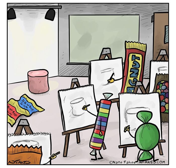 Colorful candy characters drawing sketches of candy in a comic style by Nate Fakes illustrating life's absurdities.