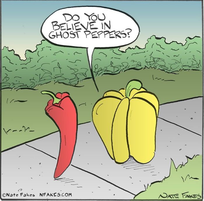 Cartoon comic by Nate Fakes featuring peppers personified, humorously asking about belief in ghost peppers on a sidewalk.