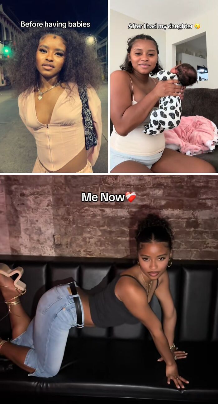 Before and after photos of a mom showing honest and relatable moments from before and after having kids.