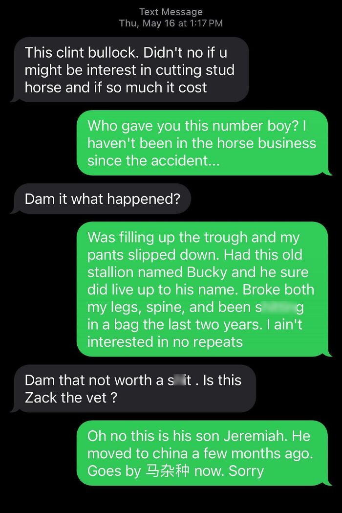 Screenshot of a funny wrong number text conversation about a horse accident and a vet mix-up.