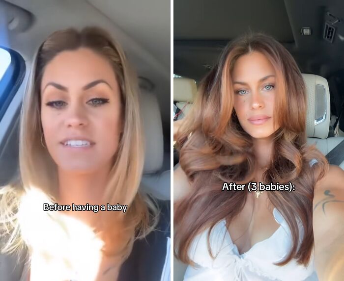 Side-by-side photos of a mom before having a baby and after having three babies showing honest and relatable changes.