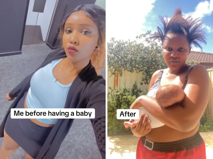 Before and after photo of a mom holding her baby, illustrating relatable changes experienced by moms after having kids.