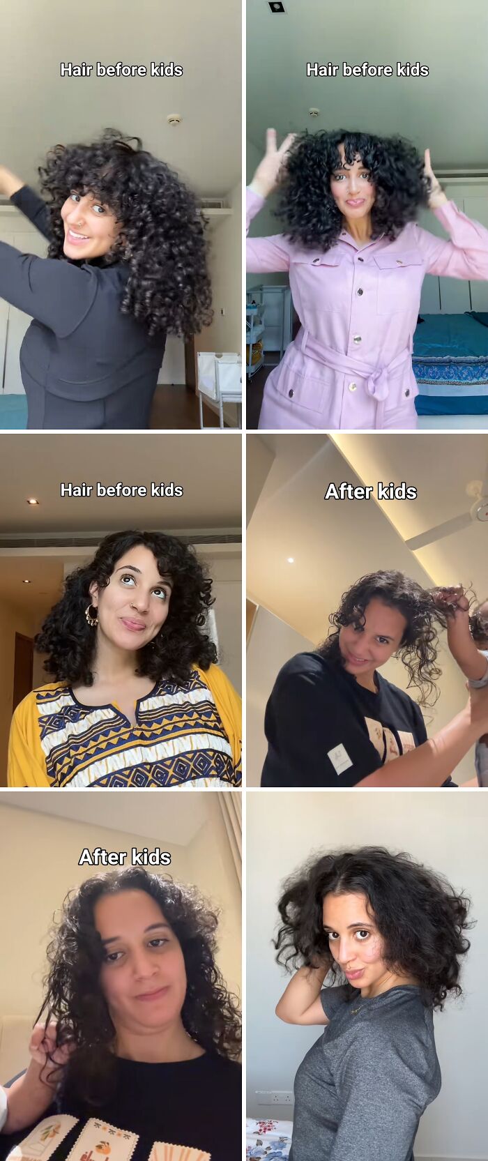 Collage of moms showing honest and relatable hair photos before and after having kids in casual home settings.
