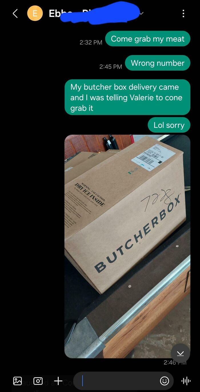 Text message conversation showing a funny wrong number text about a butcher box delivery with a photo of the box.