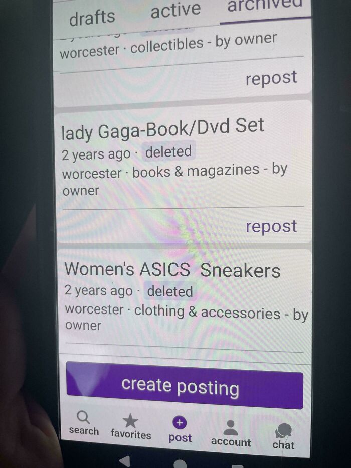 Screen showing deleted online postings for items including Lady Gaga book/DVD and women's ASICS sneakers, venting family frustrations.
