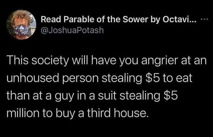 Social commentary post on inequality shared by Fight The Patriarchy page highlighting society’s misplaced anger.