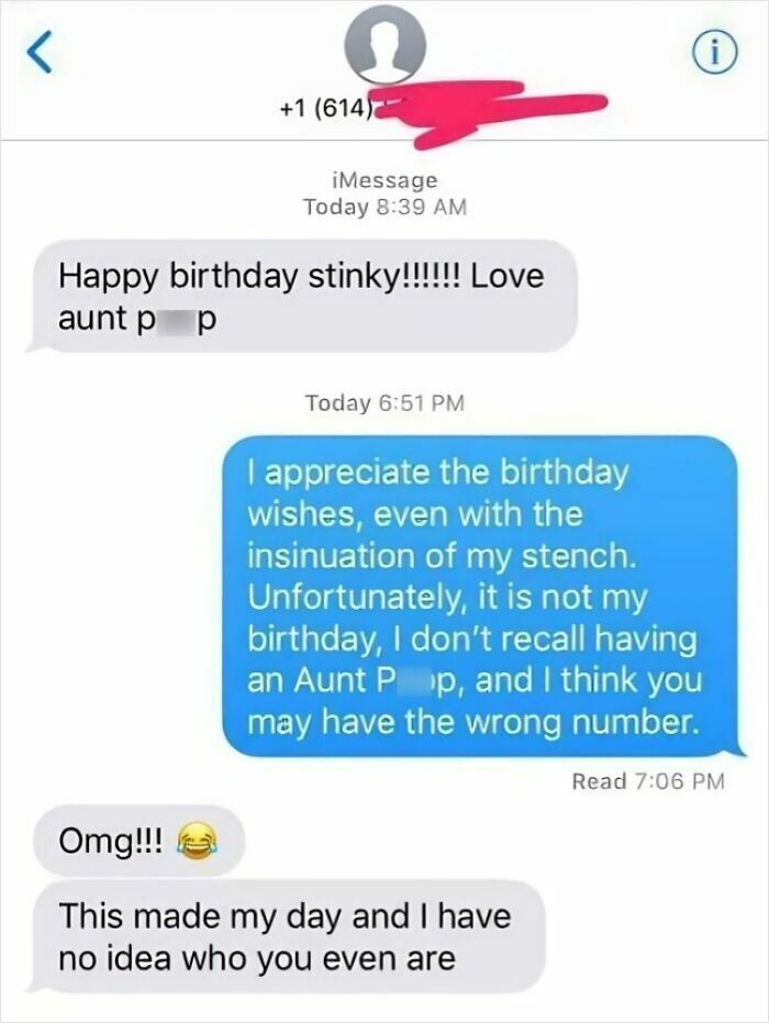 Text message exchange showing a funny wrong number birthday wish leading to a humorous response about mistaken identity.
