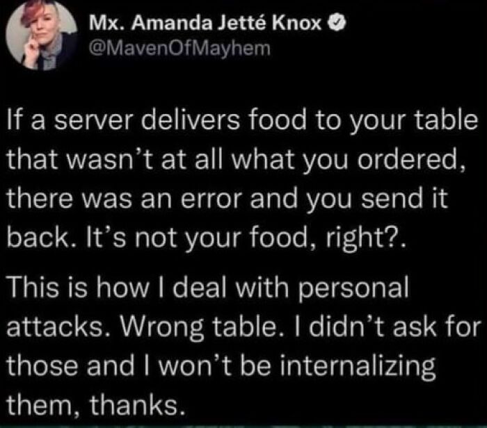 Tweet about dealing with personal attacks by not internalizing them, featured on Fight The Patriarchy page with truthful posts and memes.