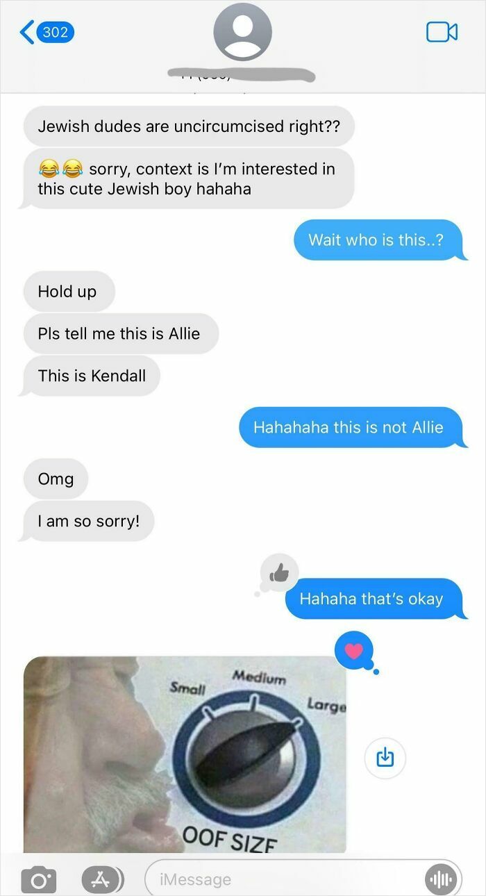 Text conversation showing a funny wrong number mix-up with humorous image reaction about oof size.