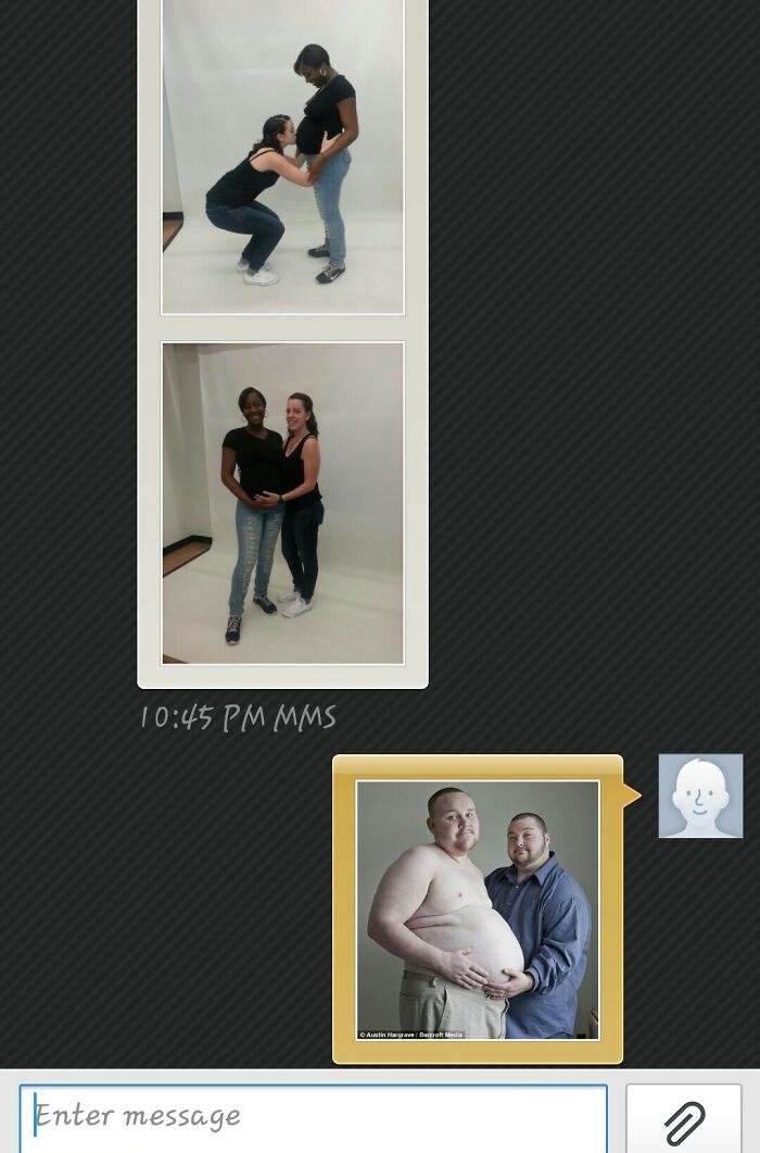 Two sets of humorous pregnancy photos exchanged in a wrong number text conversation, showcasing funny moments.