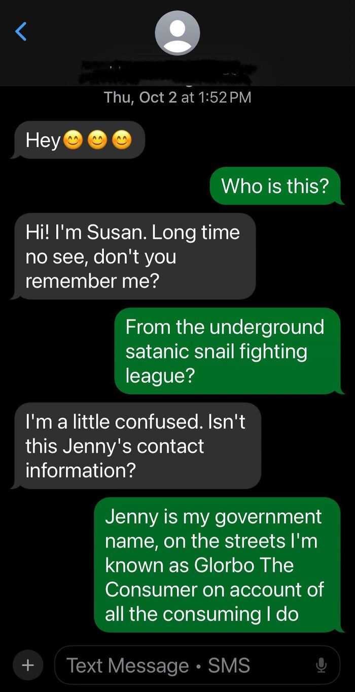 Funny wrong number text exchange with playful confusion and quirky self-introduction in a casual SMS conversation.
