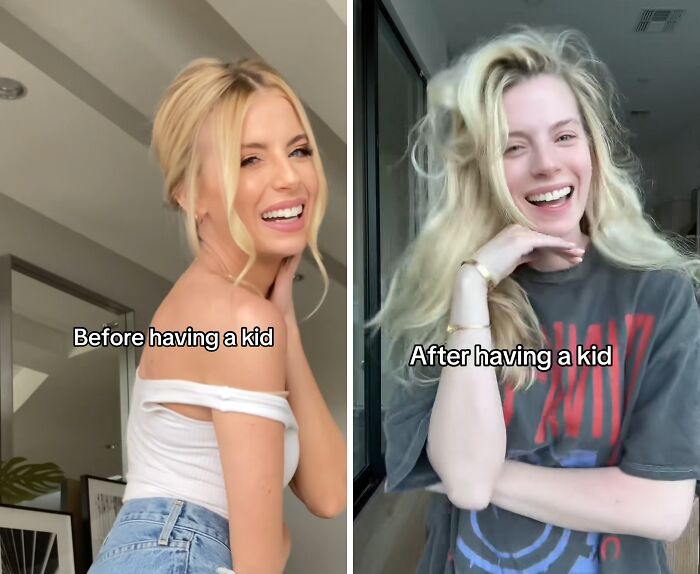 Mom before and after having kids, showing honest and relatable changes in appearance and lifestyle.