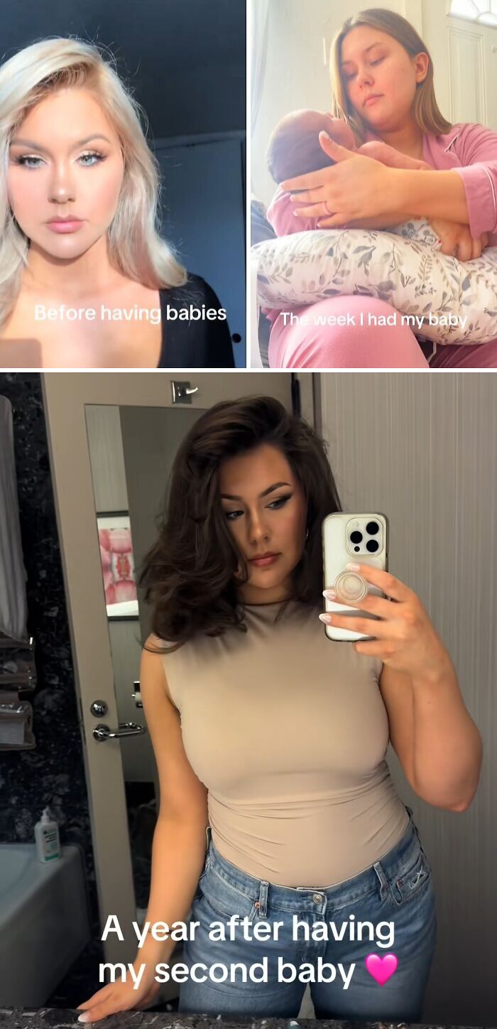 Three moms share honest and relatable photos showing changes before and after having babies, capturing real motherhood moments.