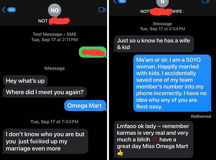 Screenshot of funny wrong number text exchange between strangers with awkward and humorous messages.