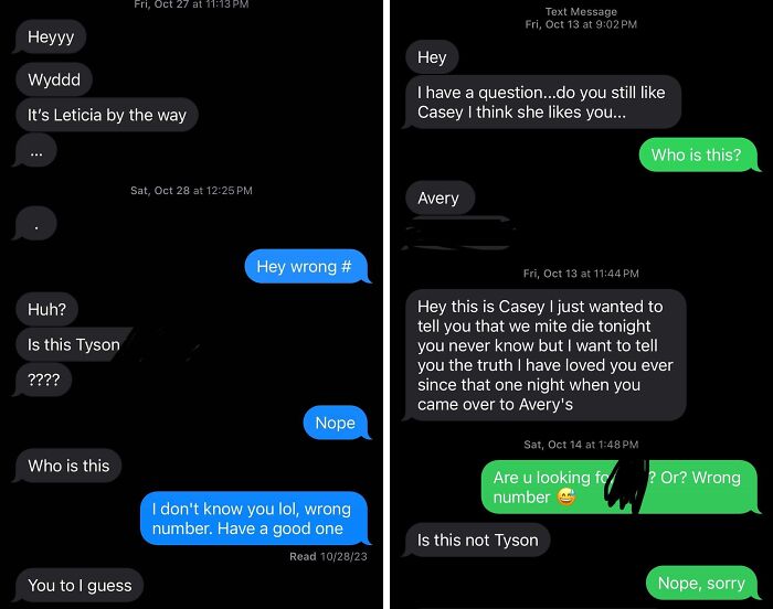 Screenshot of funny wrong number text conversations showing confusion and mistaken identities in humorous exchanges.