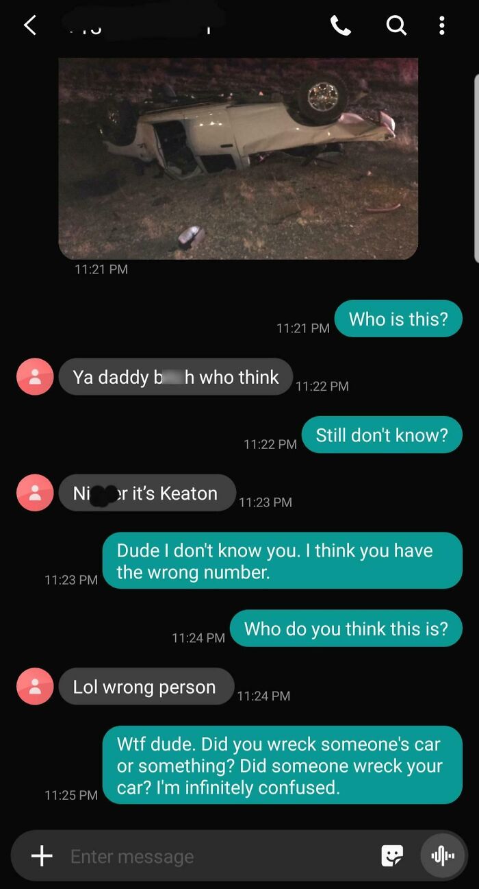 Text exchange showing a funny wrong number conversation with a photo of a flipped car at night.