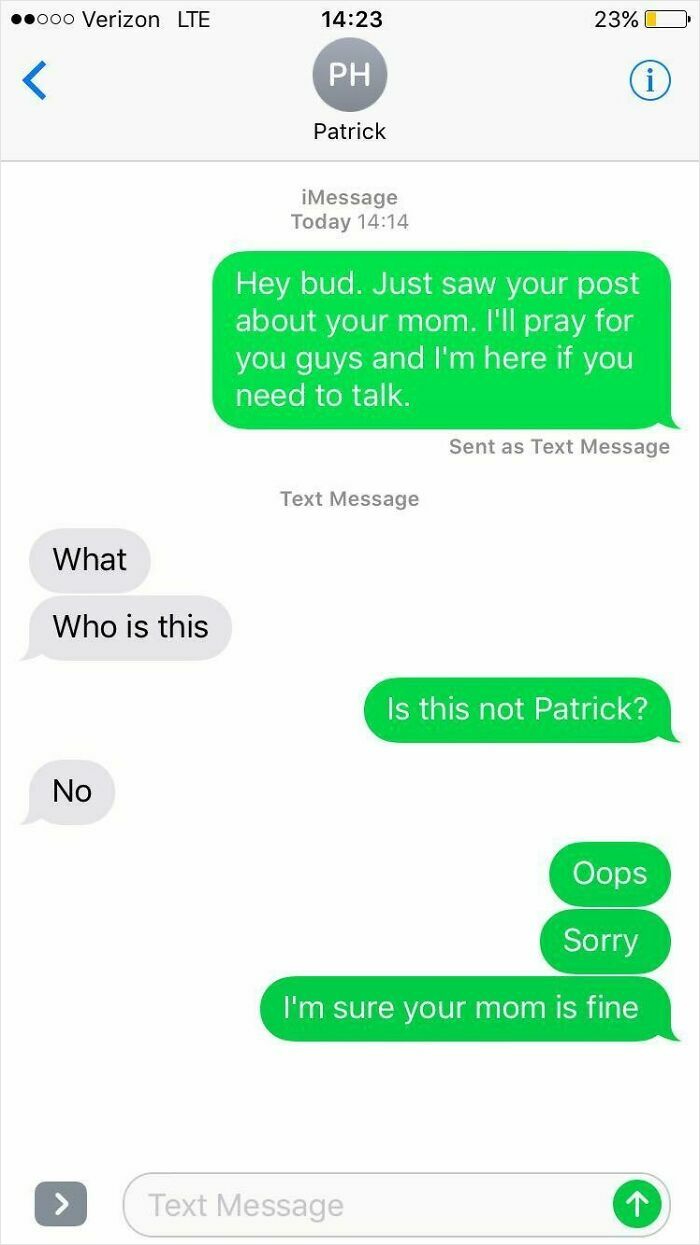 Text message exchange showing a funny wrong number conversation about someone's mom causing laughs and cringe.
