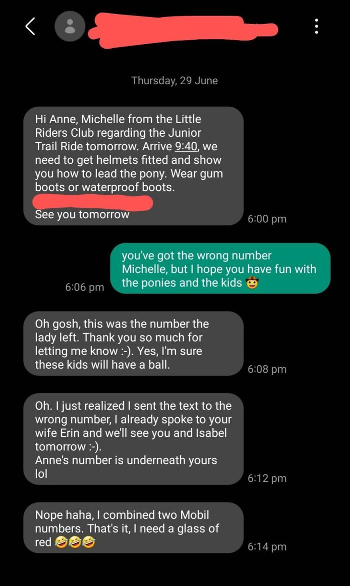 Text message exchange showing a funny wrong number conversation about a junior trail ride and ponies.