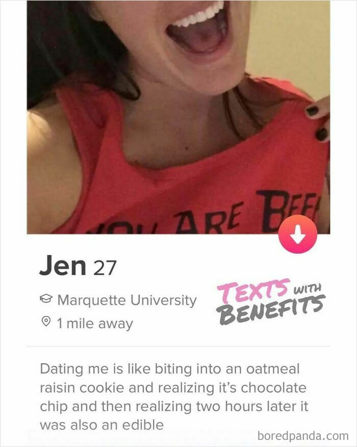Close-up of a young woman smiling widely on a dating profile with a humorous, unhinged dating bio.