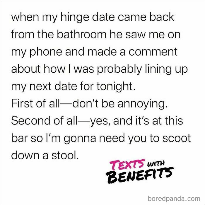 Text about a hinge date making a funny comment on lining up the next date at a bar in unhinged dating tweets.