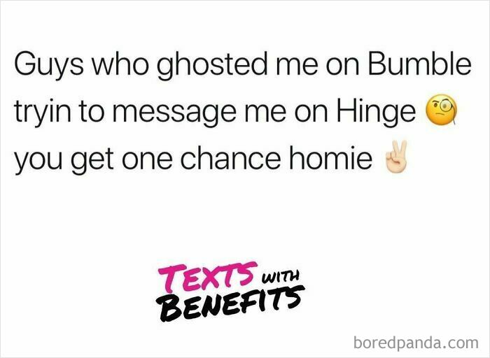 Text about guys who ghosted on Bumble trying to message on Hinge, reflecting unhinged tweets about dating reality.
