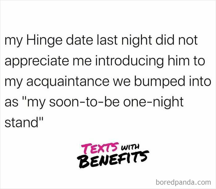 Funny unhinged tweet about dating describing an awkward Hinge date introduction as a one-night stand.