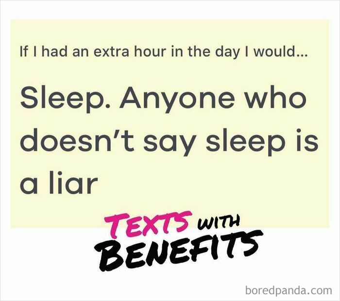 Text about having an extra hour for sleep, featuring perfectly unhinged tweets about dating humor and relatable moments.