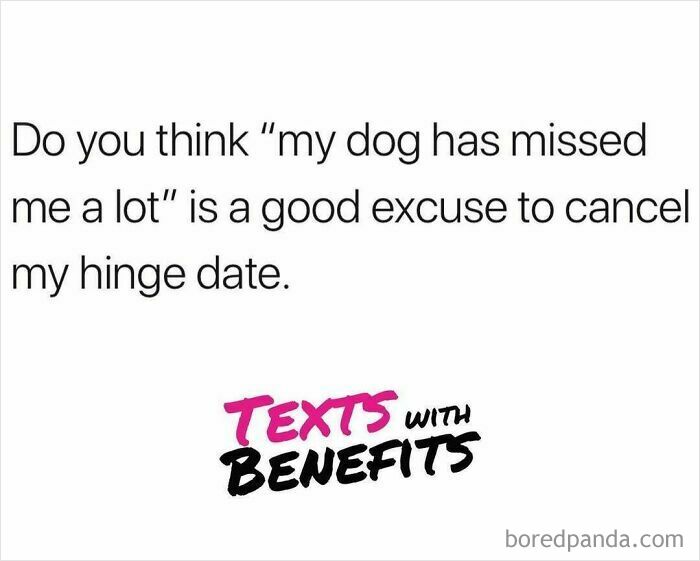 Text about using a dog missing as an excuse to cancel a hinge date, reflecting unhinged tweets about dating.