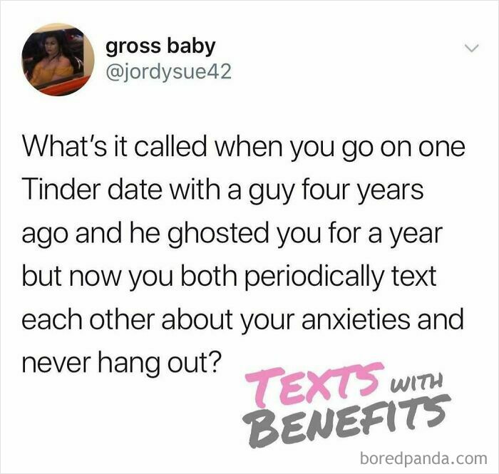 Tweet about dating humor mentioning ghosting and texting anxieties, illustrating perfectly unhinged dating experiences.