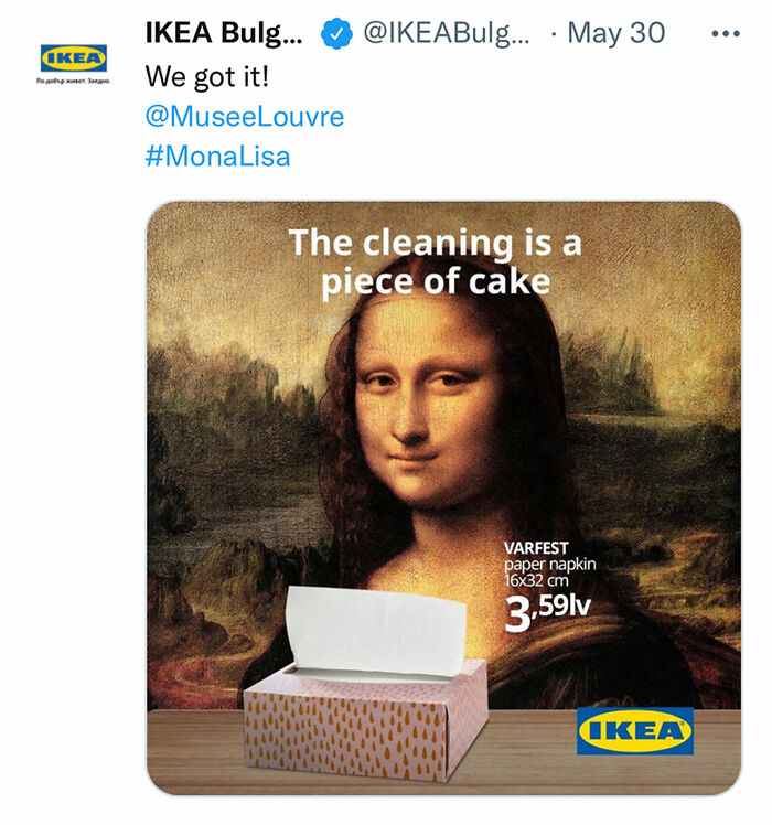 IKEA ad featuring the Mona Lisa painting with a napkin box and the text "The cleaning is a piece of cake" campaign.