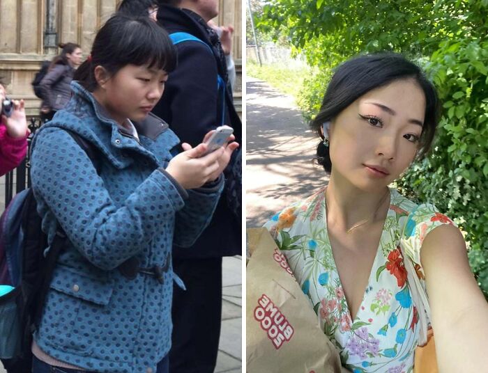 Side-by-side before and after photos showing a woman’s stunning transformation and personal reinvention outdoors.