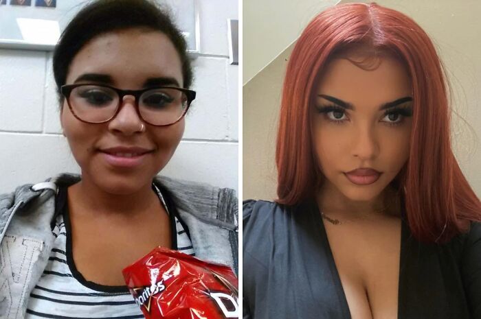 Before and after transformation showing stunning reinvention with new hair color, makeup, and fashion style.