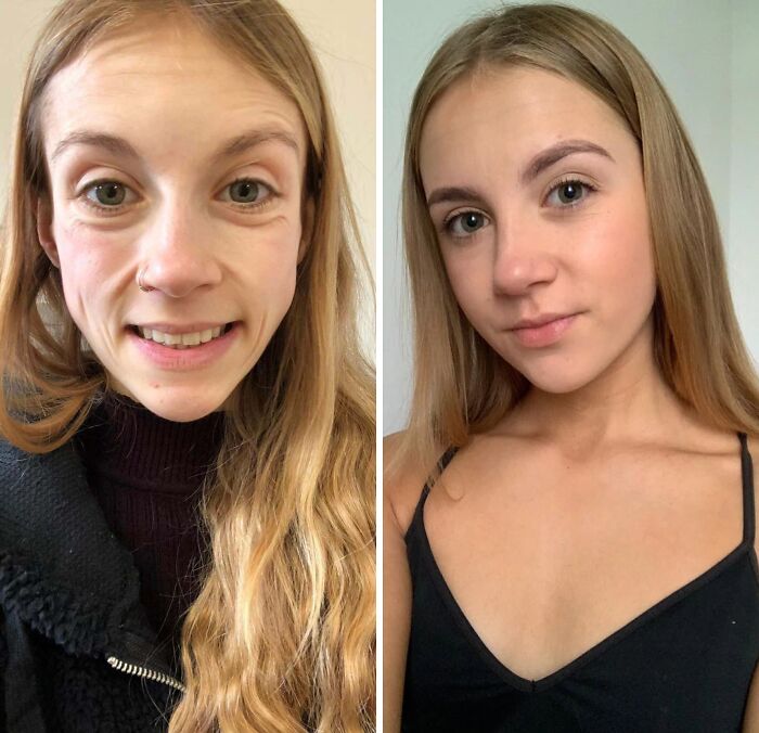 Young woman before and after hairstyle and makeup, showcasing stunning before-and-after transformation results.