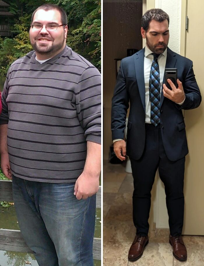 Side-by-side before and after photos showing a man’s impressive weight loss and complete transformation.