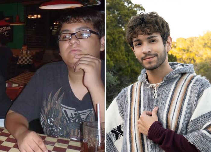 Side-by-side before and after photos showing a young man’s inspiring self reinvention and transformation journey outdoors.