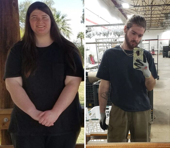 Side-by-side before and after photos showing a dramatic personal reinvention with weight loss and style change.